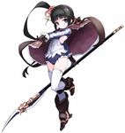 atelier_(series) atelier_totori black_gloves black_hair boots brown_footwear capelet closed_mouth expressionless full_body gloves hair_ornament highres holding holding_spear holding_weapon karukan_(monjya) knee_boots leotard long_hair looking_at_viewer mimi_houllier_von_schwarzlang polearm purple_capelet purple_eyes side_ponytail simple_background solo spear standing standing_on_one_leg thighhighs weapon white_background white_legwear 