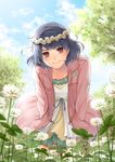  aqua_ribbon blue_hair blush clothes_writing cloud clover day domestic_na_kanojo dress english flower hands_in_pockets head_wreath jacket looking_at_viewer official_art open_clothes open_jacket outdoors pink_jacket red_eyes ribbon sasuga_kei short_hair sky smile solo tachibana_rui tree 