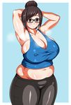 1girl armpits arms_behind_head arms_up b belly black-framed_eyewear breasts brown_eyes brown_hair cleavage erect_nipples glasses gloves huge_breasts mei_(overwatch) midriff navel overwatch plump shiny_skin short_hair sideboob solo sweat thick_thighs 