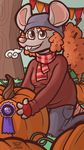 anthro brown_eyes buckteeth clothed clothing cold contest critter_coven female florence_greentail food fruit hair hat kneeling looking_at_viewer lucheek mammal messy_hair outside pumpkin rat red_hair rodent scarf slightly_chubby smile solo sweater teeth 