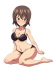  bangs barefoot black_bra black_panties blush bra breasts brown_eyes brown_hair cleavage closed_mouth commentary full_body girls_und_panzer habirisu highres lace lace-trimmed_bra leaning_to_the_side light_frown lingerie looking_at_viewer medium_breasts navel nishizumi_maho panties short_hair simple_background sitting solo underwear underwear_only white_background yokozuwari 