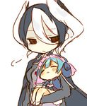  1girl black_cape black_eyes black_hair blue_hair cape carrying child closed_eyes closed_mouth commentary_request eyebrows_visible_through_hair hair_between_eyes looking_away lowres made_in_abyss maid maid_headdress maruruk multicolored_hair nekotorina otoko_no_ko ozen parted_lips short_hair simple_background sleeping standing two-tone_hair whistle white_background white_hair 
