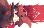  akagi_(azur_lane) animal_ear_fluff animal_ears azur_lane bangs black_gloves blunt_bangs breasts cleavage detached_sleeves eyebrows_visible_through_hair fang fox_ears fox_tail gloves highres large_breasts long_hair long_sleeves looking_at_viewer multiple_tails parted_lips pleated_skirt red_eyes red_skirt skirt smile solo standing sub-res tail wide_sleeves 