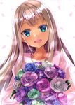  :d alessandra_susu aqua_eyes blonde_hair blush bouquet cherry_blossoms commentary_request flower head_tilt long_hair looking_at_viewer open_mouth petals pink_shirt purple_flower ringed_eyes rurukuru shirt smile solo tan tokyo_7th_sisters upper_body white_background 