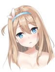  absurdres blue_eyes blue_hairband blush breasts collarbone eyebrows_visible_through_hair girls_frontline hair_between_eyes hair_ornament hairband head_tilt highres long_hair looking_at_viewer nude nyanyang one_side_up parted_lips small_breasts snowflake_hair_ornament solo suomi_kp31_(girls_frontline) upper_body 