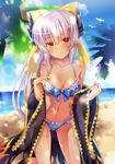  beach bikini bird blue_bikini blush breasts cleavage collarbone day eyebrows_visible_through_hair fate/grand_order fate_(series) frilled_bikini frills groin hair_between_eyes highres horns kiyohime_(fate/grand_order) kiyohime_(swimsuit_lancer)_(fate) kneeling long_hair medium_breasts navel ocean outdoors palm_tree red_eyes shiny shiny_skin silver_hair smile solo suzumia_(daydream) swimsuit tan tree very_long_hair 