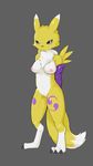  2017 anthro black_nose black_sclera blue_eyes breasts claws digimon female fur grey_background looking_at_viewer nipples nude pussy renamon simple_background solo standing white_fur yellow_fur 超級小守鶴 