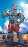  2017 abs anthro biceps big_muscles canine clothing digital_media_(artwork) footwear fur grey_fur hi_res male mammal muscular muscular_male nipples pecs pink_nipples shoes shorts silentheaven simple_background smile solo standing swimsuit triceps wolf 