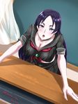  :o black_serafuku black_skirt blush breasts cleavage collarbone commentary_request fate/grand_order fate_(series) large_breasts leaning_forward long_hair looking_at_viewer minamoto_no_raikou_(fate/grand_order) minamoto_no_raikou_(swimsuit_lancer)_(fate) neckerchief open_mouth parted_lips purple_eyes purple_hair school_uniform serafuku short_sleeves skirt solo table v-shaped_eyebrows very_long_hair yukito_kitto 