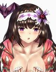  :o arm_warmers bad_id bad_pixiv_id bat black_hair blush breasts breasts_outside farys_(afopahqfw) fate/grand_order fate_(series) hair_ribbon hairband highres hood hood_down large_breasts long_hair looking_at_viewer origami osakabe-hime_(fate/grand_order) purple_eyes ribbon solo white_background 