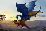  2017 blue_scales claws day detailed_background digital_media_(artwork) dragon duo feral flying horn membranous_wings red_scales scales scalie sky spines western_dragon wings x-celebril-x 