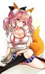  animal_ears bow breasts cleavage ears_through_headwear fate/extella fate/extra fate_(series) fox_ears fox_tail hair_bow hijiri_ruka large_breasts long_hair necktie school_uniform sitting solo tail tamamo_(fate)_(all) tamamo_jk_(fate) twintails undressing white_background 