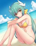  1girl barefoot beach bikini blue_sky breasts cloud day dutch_angle eyebrows_visible_through_hair fate/grand_order fate_(series) green_hair hair_between_eyes hair_ornament hair_ribbon highres kiyohime_(fate/grand_order) kiyohime_(swimsuit_lancer)_(fate) long_hair looking_at_viewer medium_breasts navel ocean outdoors ribbon shiny shiny_skin sideboob sitting sky smile swimsuit very_long_hair yellow_bikini yellow_ribbon 