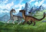  2017 brown_fur day detailed_background digital_media_(artwork) dragon feral fur furred_dragon grass grey_fur outside sky x-celebril-x yellow_eyes 