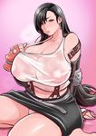  absurdres belly belt black_hair blush breasts cleavage curvy earrings fat_folds final_fantasy final_fantasy_vii gloves highres hips huge_breasts jewelry long_hair looking_at_viewer mature navel nipples open_mouth panties plump red_eyes satousatotototo seiza shirt_pull sitting skirt suspender_skirt suspenders sweatdrop thick_thighs thighs tifa_lockhart underwear white_panties 