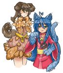  1girl :3 :o absurdres ahoge animal_ears bare_shoulders bell blue_hair blush brown_hair cat_ears commentary_request cosplay cowboy_shot crossdressing dog_ears dog_tail dress eyebrows_visible_through_hair fan fang fang_out fur green_eyes hair_between_eyes hand_on_hip hands_up heart_ahoge hhhori highres izumi_konata japanese_clothes jingle_bell kimono kobold_(monster_girl_encyclopedia) kobold_(monster_girl_encyclopedia)_(cosplay) long_hair long_sleeves looking_at_viewer lucky_star mole mole_under_eye monster_girl monster_girl_encyclopedia nekomata_(monster_girl_encyclopedia) nekomata_(monster_girl_encyclopedia)_(cosplay) obi paper_fan parted_lips paws pink_kimono sash signature simple_background slit_pupils smile standing tail white_background wide_sleeves yellow_eyes 