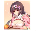  bangs black_hair blush bow breasts c: cleavage eyebrows_visible_through_hair fate/grand_order fate_(series) food frills fruit hair_bobbles hair_bow hair_ornament hairband half-closed_eyes hinooka_shuuji hood hood_down japanese_clothes large_breasts long_hair looking_at_viewer low_twintails mandarin_orange md5_mismatch osakabe-hime_(fate/grand_order) pink_bow purple_eyes revision ribbon_trim sidelocks smile solo twintails upper_body windowboxed 