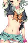  absurdres arm_at_side bangs blush bow bowtie breasts brown_eyes closed_mouth collarbone commentary_request cowboy_shot crop_top eyebrows_visible_through_hair eyes_visible_through_hair green_skirt grey_hair hair_bow hand_on_own_head hario_4 head_tilt highres kantai_collection long_hair looking_at_viewer miniskirt navel neckerchief no_legwear orange_neckwear panties panty_pull pleated_skirt ponytail ribbon school_uniform serafuku shirt shirt_lift short_sleeves skirt skirt_set sleeve_cuffs small_breasts smile solo stomach sweatband thighs underboob underwear undressing vest white_panties yuubari_(kantai_collection) 