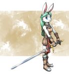  armor blue_eyes breasts clothed clothing female fur greatsword hair lagomorph leather leather_armor long_hair mammal melee_weapon rabbit simple_background smile solo weapon white_fur zelen 