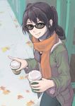  brown_eyes brown_hair commentary cowboy_shot cup green_jacket holding holding_cup jacket kantai_collection leaf looking_at_viewer orange_scarf scarf sendai_(kantai_collection) smile solo sunglasses two_side_up vent_arbre 