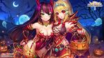  &gt;:) animal_ears aqua_eyes arm_around_waist armpits ass_visible_through_thighs bag bangs bare_shoulders bare_tree bat beatrix_(brave_frontier) bird black_hair blonde_hair blush bow bowtie brave_frontier breast_press breasts candy cape castle character_request ciara_(brave_frontier) cleavage cleavage_cutout closed_mouth copyright_name cowboy_shot detached_sleeves dress eyebrows_visible_through_hair facial_mark fang_out floating flower food garter_straps ghost graveyard green_eyes groin hair_between_eyes hair_flower hair_ornament halloween_costume hand_on_hip heart highres holding holding_bag horns jack-o'-lantern jewelry jurrig leaning_forward legs_apart leotard long_hair long_sleeves looking_at_viewer medium_breasts midriff multicolored_hair multiple_girls nail_polish necklace night night_sky nose_blush official_art outdoors owl peeking pink_flower pink_hair pink_leotard pink_rose pumpkin red_bow red_cape red_dress red_eyes red_nails red_neckwear rose shoulder_tattoo silhouette skull sky sleeveless sleeveless_dress smile standing strapless strapless_leotard sweets tareme tattoo tombstone tree tsurime two-tone_hair v-shaped_eyebrows very_long_hair whisker_markings x_hair_ornament 