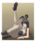  adapted_costume alto-00 animal_ears bare_shoulders black_hair black_leotard brown_eyes bunny_ears detached_collar fake_animal_ears grey_background grey_legwear highres japanese_clothes kantai_collection leg_up leotard long_hair low-tied_long_hair lying pantyhose shoes shouhou_(kantai_collection) single_sleeve solo white_background wrist_cuffs 