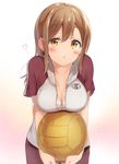  ? ball bangs blush bow bow_bra bra breasts brown_eyes brown_hair chestnut_mouth cleavage commentary_request eyebrows_visible_through_hair eyes_visible_through_hair gym_uniform hair_between_eyes holding holding_ball kunikida_hanamaru large_breasts long_hair looking_at_viewer love_live! love_live!_sunshine!! micopp open_mouth short_sleeves simple_background solo sportswear underwear unzipped volleyball volleyball_uniform white_background white_bra yellow_eyes 