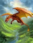  2016 claws day detailed_background digital_media_(artwork) dragon feral grass membranous_wings outside red_scales scales scalie sky solo spines western_dragon wings x-celebril-x 