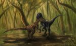  2016 blue_eyes day detailed_background digital_media_(artwork) dinosaur duo feral forest outside raptor standing teeth theropod tree x-celebril-x 