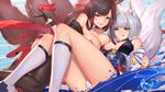  &gt;:) :q aircraft airplane akagi_(azur_lane) animal_ears asymmetrical_docking azur_lane bangs bare_shoulders black_gloves black_hair black_legwear blue_eyes blunt_bangs breast_press breasts cleavage closed_mouth commentary_request detached_collar duan_henglong eyebrows_visible_through_hair eyeliner fox_ears fox_tail gloves grin hair_tubes highres japanese_clothes kaga_(azur_lane) kimono kitsune kneehighs knees_up large_breasts long_hair looking_at_viewer lying makeup multiple_girls obi on_back parted_lips partly_fingerless_gloves red_eyes revision runway sash short_hair sidelocks silver_hair smile tail thighhighs thighs tongue tongue_out tsurime v-shaped_eyebrows white_hair white_kimono white_legwear 