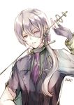  atoatto european_clothes facial_scar fingerless_gloves fire_emblem fire_emblem_if gloves joker_(fire_emblem_if) looking_at_viewer male_focus ponytail purple_eyes scar scar_on_cheek stitches white_hair 