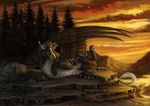  2017 avian beak black_feathers day detailed_background digital_media_(artwork) feathers feral gryphon lying on_side open_mouth outside paws rock sky smile x-celebril-x yellow_beak yellow_eyes 