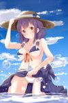  absurdres adjusting_clothes adjusting_hat beach bikini blue_sky breasts cloud cloudy_sky collarbone day hair_flaps hat highres kantai_collection low_twintails medium_breasts neve ocean outdoors purple_hair red_eyes sarong sky solo sun_hat swimsuit taigei_(kantai_collection) twintails water whale white_bikini 