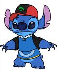  4_fingers :| alien ash_ketchum baseball_cap blue_claws blue_eyes blue_fur blue_nose bottomless claws clothed clothing cosplay disney experiment_(species) fur hat lilo_and_stitch low_res nintendo notched_ear pok&eacute;mon shirt small_tail solo standing stitch unknown_artist video_games 