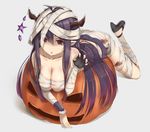  :o ass bandaged_head bandages bare_shoulders black_footwear blood breasts claw_pose cleavage collarbone danua draph eyebrows_visible_through_headband fingerless_gloves frilled_sleeves frills full_body gloves granblue_fantasy grey_background halloween high_heels horn_ornament horns jack-o'-lantern large_breasts long_hair lying naked_bandage on_stomach open_mouth pointy_ears pumpkin purple_hair red_eyes reinama shadow shoes simple_background solo star very_long_hair 