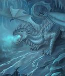  2016 blue_eyes blue_scales claws detailed_background digital_media_(artwork) dragon feral horn ice membranous_wings open_mouth scales scalie sclaes solo spines teeth tongue western_dragon wings x-celebril-x 