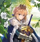  ahoge andrian_gilang armor artoria_pendragon_(all) avalon_(fate/stay_night) blonde_hair blue_cape breastplate cape closed_mouth crown day excalibur eyebrows_visible_through_hair fate/grand_order fate_(series) flower fur-trimmed_cape fur_trim gauntlets green_eyes hair_bun hair_ribbon highres holding leaf looking_at_viewer outdoors petals ribbon saber scabbard sheath shiny shiny_hair short_hair smile solo upper_body 
