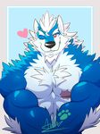  2017 abs anthro biceps black_nose blue_fur canine fur hi_res male mammal muscular muscular_male oleola123 one_eye_closed pecs scar solo tuft white_fur wink wolf 