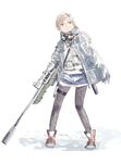  ai_arctic_warfare blonde_hair bolt_action digital_media_player earphones goggles goggles_around_neck green_eyes gun holding holding_weapon jacket ningen_(ningen96) original pantyhose ponytail rifle shorts simple_background sniper_rifle solo suppressor weapon 