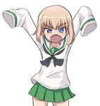  :o arms_up blouse blue_eyes chikuwa_(majihima) commentary_request cowboy_shot eyebrows_visible_through_hair fang girls_und_panzer green_skirt katyusha light_brown_hair looking_at_viewer neckerchief ooarai_school_uniform pleated_skirt school_uniform serafuku short_hair simple_background skirt sleeves_past_fingers sleeves_past_wrists solo v-shaped_eyebrows white_background white_blouse 