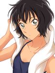  bad_id bad_twitter_id bangs bare_arms bare_shoulders black_hair camisole eyebrows_visible_through_hair green_eyes hand_up highres looking_at_viewer meitantei_conan parted_lips sekina sera_masumi short_hair simple_background solo towel towel_around_neck upper_body white_background 