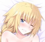  absurdres blonde_hair blue_eyes braid clenched_teeth collarbone eyebrows_visible_through_hair fate/apocrypha fate_(series) from_above highres jeanne_d'arc_(fate) jeanne_d'arc_(fate)_(all) kirishima_noa long_hair lying nude on_back one_eye_closed ponytail portrait shiny shiny_skin single_braid solo tears teeth 