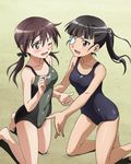  2girls beach black_hair blush breasts brown_eyes brown_hair eyepatch gertrud_barkhorn kneeling medium_breasts ocean one_eye_closed open_mouth ponytail sakamoto_mio strike_witches swimsuit twintails world_witches_series 