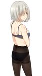  ass black_panties blue_eyes blush bra breasts cowboy_shot crotch_seam from_behind hair_ornament hair_over_one_eye hairclip hamakaze_(kantai_collection) kantai_collection looking_at_viewer looking_back medium_breasts nagami_yuu open_mouth panties panties_under_pantyhose pantyhose purple_bra short_hair silver_hair simple_background solo standing thighband_pantyhose underwear white_background 