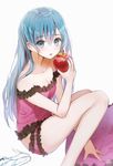  :o apple bare_arms bare_legs bare_shoulders blue_eyes blue_hair blue_nails camisole commentary_request crystal expressionless eyebrows_visible_through_hair eyelashes fingernails food fruit hatsune_miku high_heels highres long_hair looking_at_viewer mullpull nail_polish open_mouth panties romeo_to_cinderella_(vocaloid) see-through shiny simple_background sitting solo sparkle underwear very_long_hair vocaloid white_background 