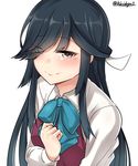  absurdres black_hair blue_bow blue_neckwear blush bow bowtie brown_eyes closed_mouth collared_shirt dress eyebrows_visible_through_hair hair_over_one_eye hand_on_own_chest hayashimo_(kantai_collection) heart heart-shaped_pupils highres kantai_collection kiritto long_hair long_sleeves looking_at_viewer shirt simple_background smile solo symbol-shaped_pupils twitter_username upper_body white_background white_dress wing_collar 