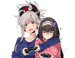  &gt;:) arm_around_neck bangs black_hair blue_eyes bow breasts closed_mouth collarbone controller dualshock earrings fate/grand_order fate_(series) flying_sweatdrops folded_ponytail game_controller gamepad glasses grey_hair hair_bow hairband hood hooded_sweater hoodie imigimuru jewelry long_hair long_sleeves medium_breasts miyamoto_musashi_(fate/grand_order) multiple_girls osakabe-hime_(fate/grand_order) pink_eyes red-framed_eyewear ribbed_sweater short_hair simple_background smile sparkle sweatdrop sweater swept_bangs upper_body v-shaped_eyebrows 