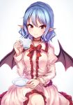  blue_hair bow choker cup dress frills highres holding holding_cup juliet_sleeves junior27016 long_sleeves looking_at_viewer no_hat no_headwear pink_dress pointy_ears puffy_sleeves red_eyes remilia_scarlet simple_background smile solo touhou white_background wings 