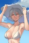 :q ahoge armpits bare_arms bare_shoulders black_sclera blue_sky breasts closed_mouth cloud day eyebrows_visible_through_hair hair_between_eyes hands_on_headwear hat large_breasts licking_lips lilim_(monster_girl_encyclopedia) looking_at_viewer mari_(maritan) maritan_(pixelmaritan) monster_girl_encyclopedia original outdoors pointy_ears red_eyes silver_hair sky slit_pupils smile solo sun_hat tongue tongue_out upper_body white_hat 