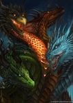  2017 black_scales blue_scales detailed_background digital_media_(artwork) dragon feral fire green_scales group horn open_mouth orange_scales red_scales scales spines teeth x-celebril-x 